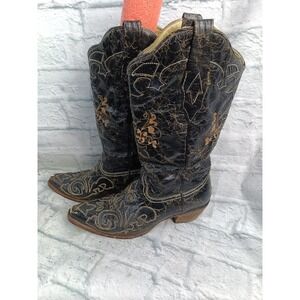 Corral Cowboy Boots Womens Size 9.5 Black Leather Floral Embroidered Pointed s16